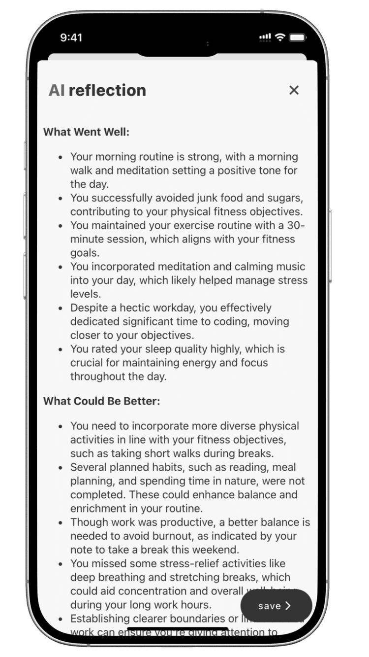 planwith.ai daily reflection feature providing comprehensive insights, pattern recognition, and improvement suggestions