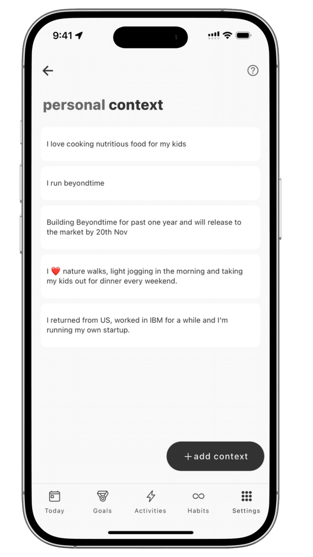 planwith.ai personal context interface for sharing life details, preferences, and limitations to improve AI suggestions