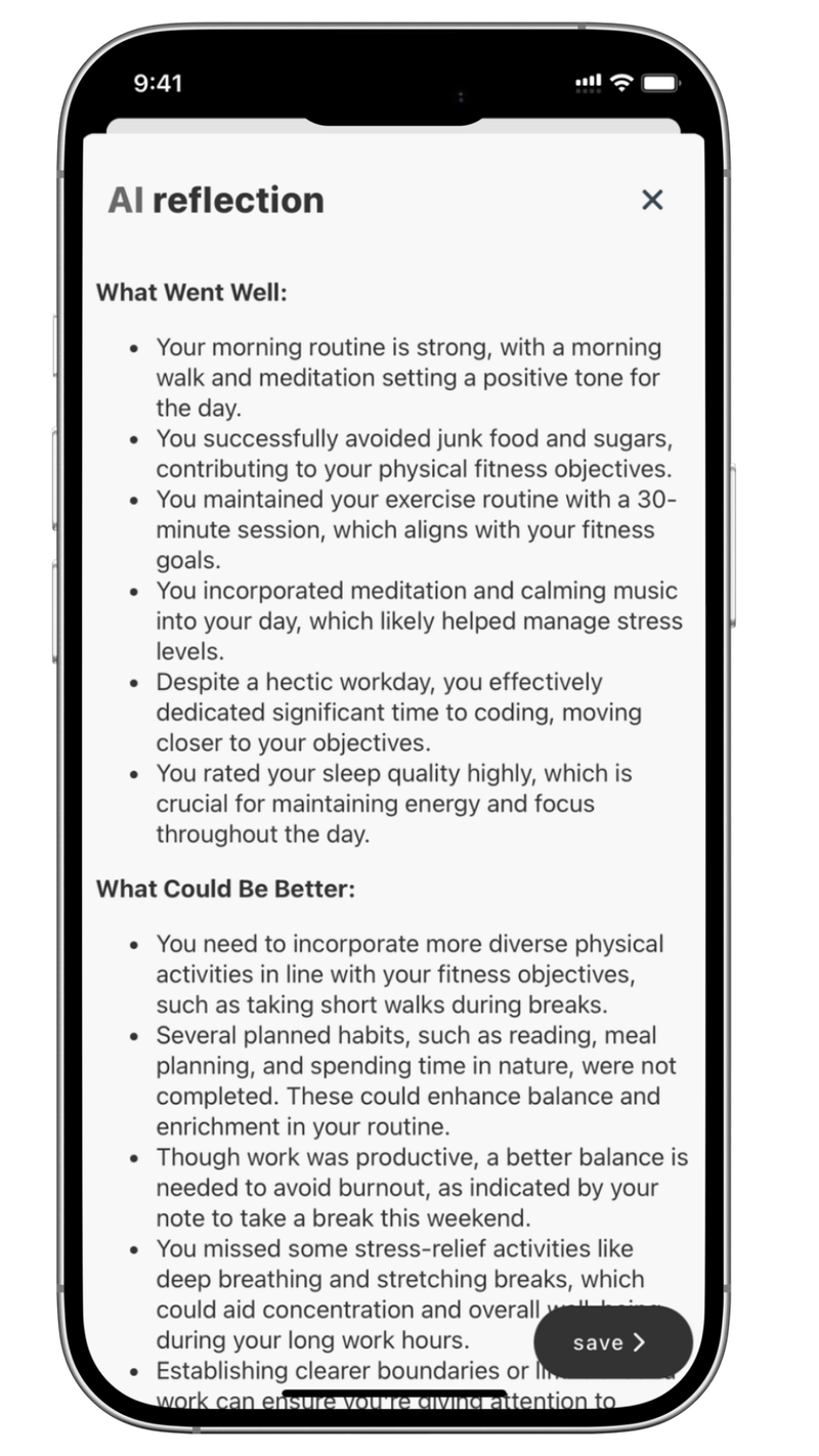 planwith.ai daily reflection feature providing comprehensive insights, pattern recognition, and improvement suggestions