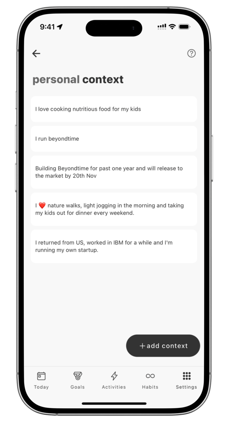 planwith.ai personal context interface for sharing life details, preferences, and limitations to improve AI suggestions
